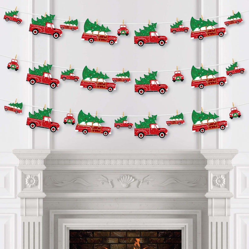 Merry Little Christmas Tree - Red Truck and Car Christmas Party DIY Decorations - Clothespin Garland Banner - 44 Pieces