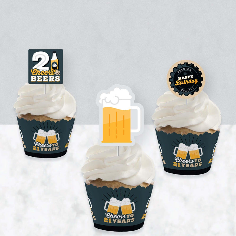 Cheers and Beers to 21 Years - Cupcake Decoration - 21st Birthday Party Cupcake Wrappers and Treat Picks Kit - Set of 24