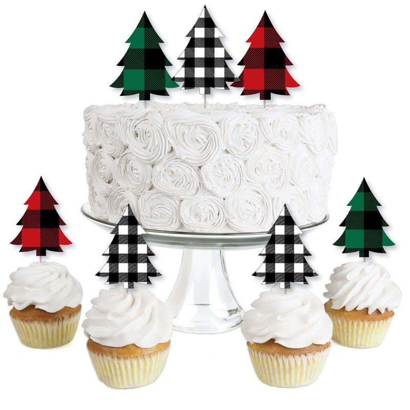 Holiday Plaid Trees - Dessert Cupcake Toppers - Buffalo Plaid Christmas Party Clear Treat Picks - Set of 24