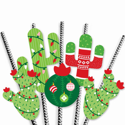 Merry Cactus - Paper Straw Decor - Christmas Cactus Party Striped Decorative Straws - Set of 24