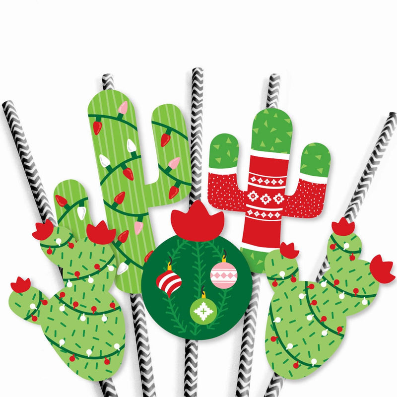 Merry Cactus - Paper Straw Decor - Christmas Cactus Party Striped Decorative Straws - Set of 24