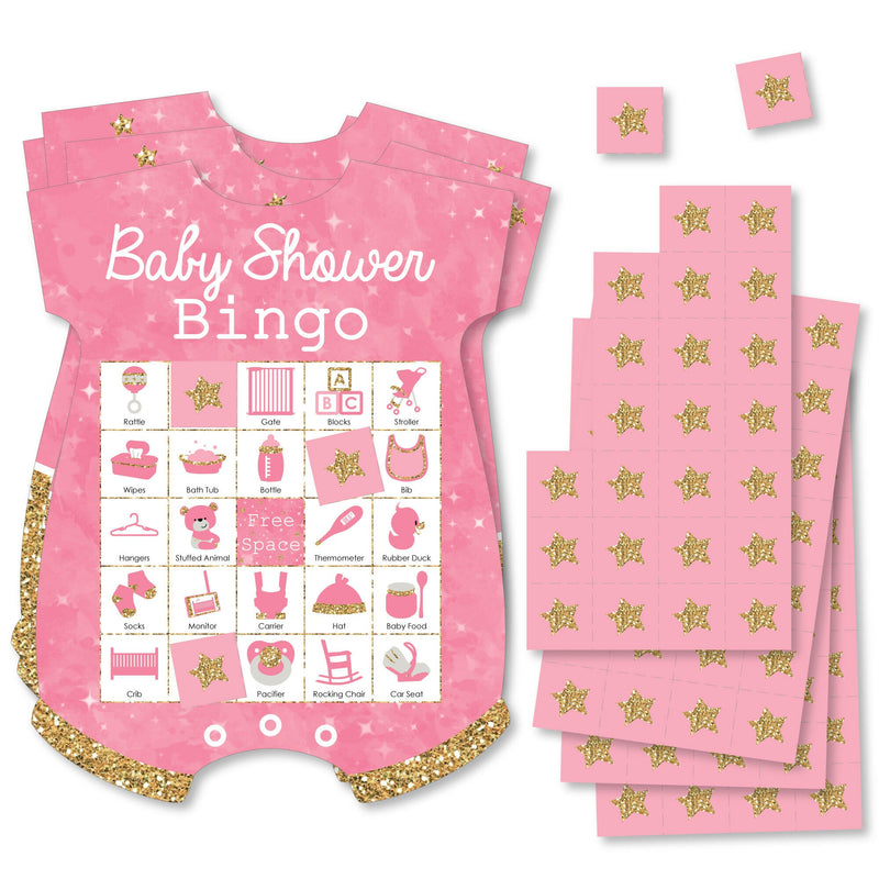 Pink Twinkle Twinkle Little Star - Picture Bingo Cards and Markers - Baby Shower Shaped Bingo Game - Set of 18