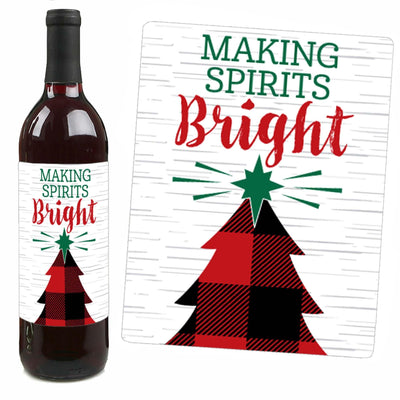 Holiday Plaid Trees - Buffalo Plaid Christmas Party Decorations for Women and Men - Wine Bottle Label Stickers - Set of 4