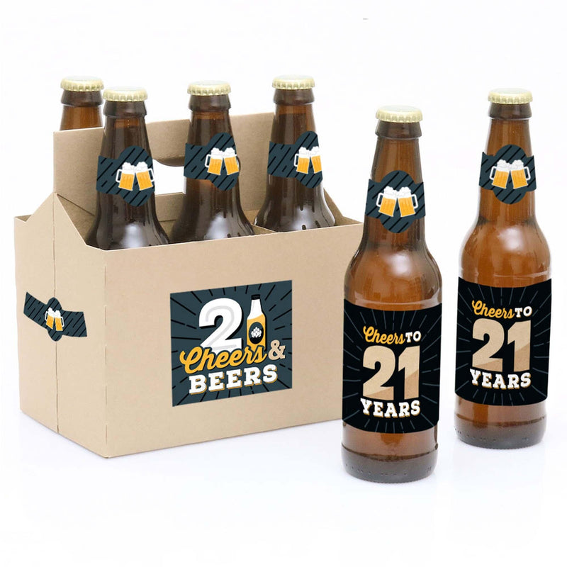 Cheers and Beers to 21 Years - 21st Birthday Party Decorations for Women and Men - 6 Beer Bottle Label Stickers and 1 Carrier