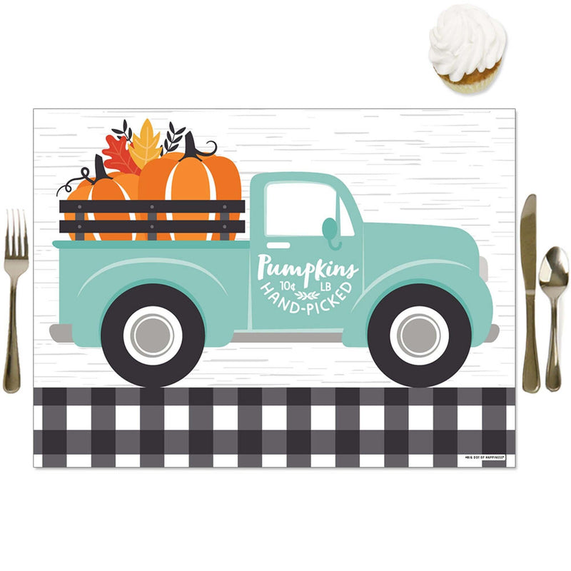 Happy Fall Truck - Party Table Decorations - Harvest Pumpkin Party Placemats - Set of 16