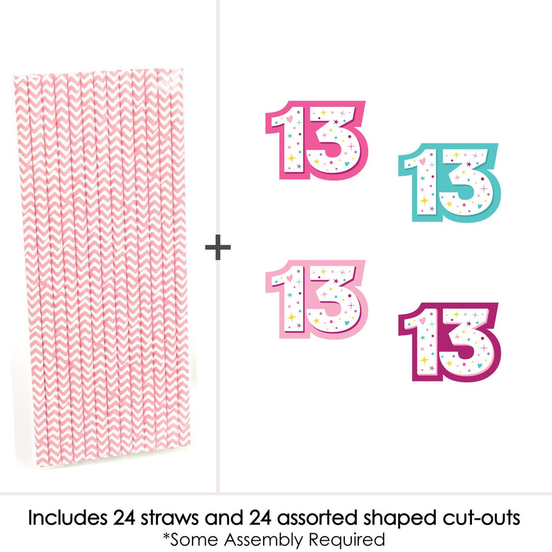 Girl 13th Birthday - Paper Straw Decor - Official Teenager Birthday Party Striped Decorative Straws - Set of 24