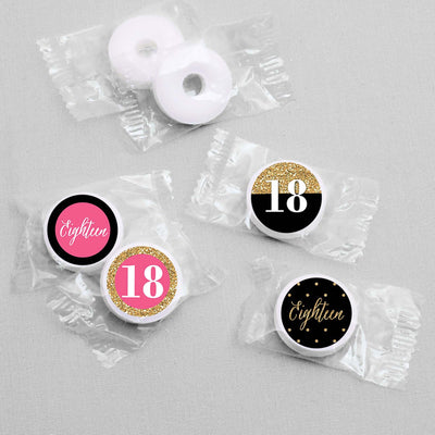 Chic 18th Birthday - Pink, Black and Gold - Round Candy Labels Birthday Party Favors - Fits Hershey's Kisses - 108 ct