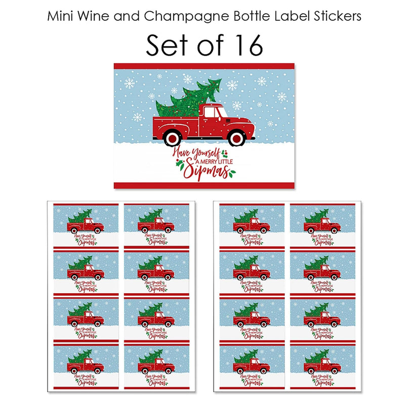 Merry Little Christmas Tree - Mini Wine and Champagne Bottle Label Stickers - Red Truck and Car Christmas Party Favor Gift - For Women and Men - Set of 16