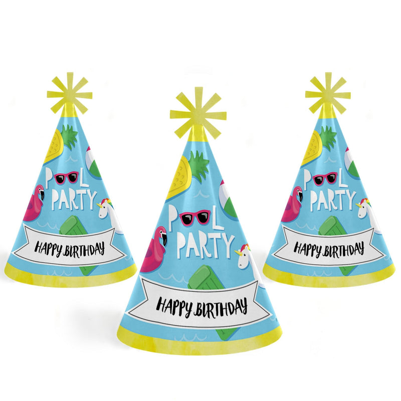 Make a Splash - Pool Party - Cone Happy Birthday Party Hats for Kids and Adults - Set of 8 (Standard Size)