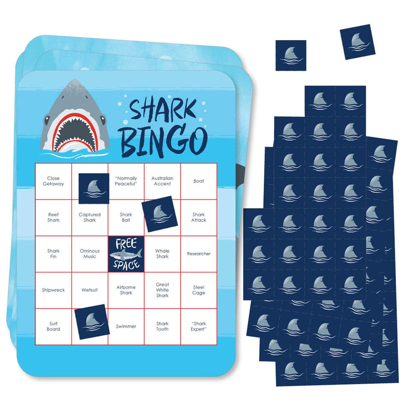 Shark Zone - Bingo Cards and Markers - Jawsome Shark Party or Birthday Party Bingo Game - Set of 18