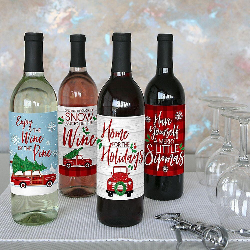 Merry Little Christmas Tree - Red Truck and Car Christmas Party Decorations for Women and Men - Wine Bottle Label Stickers - Set of 4