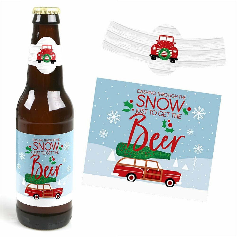 Merry Little Christmas Tree - Decorations for Women and Men - 6 Red Truck and Car Christmas Party Beer Bottle Label Stickers and 1 Carrier