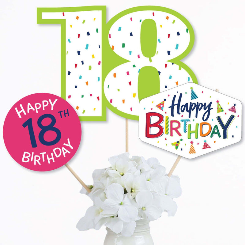 18th Birthday - Cheerful Happy Birthday - Colorful Eighteenth Birthday Party Centerpiece Sticks - Table Toppers - Set of 15