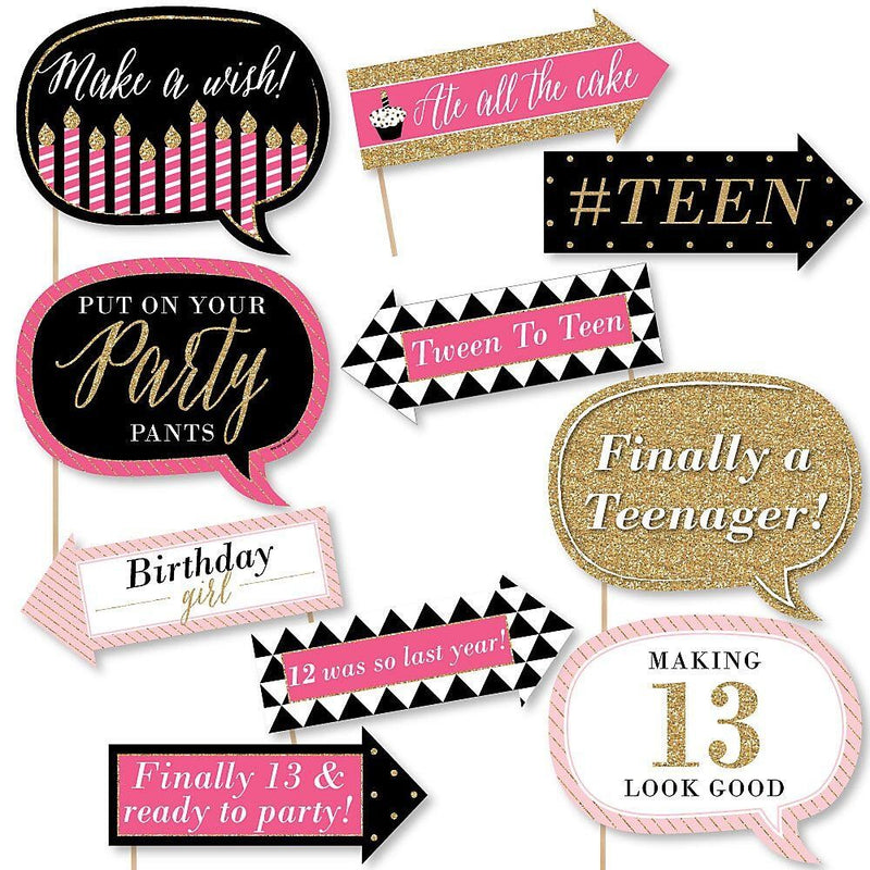 Funny Chic 13th Birthday - Pink, Black and Gold - 10 Piece Photo 13th Birthday Party Booth Props Kit