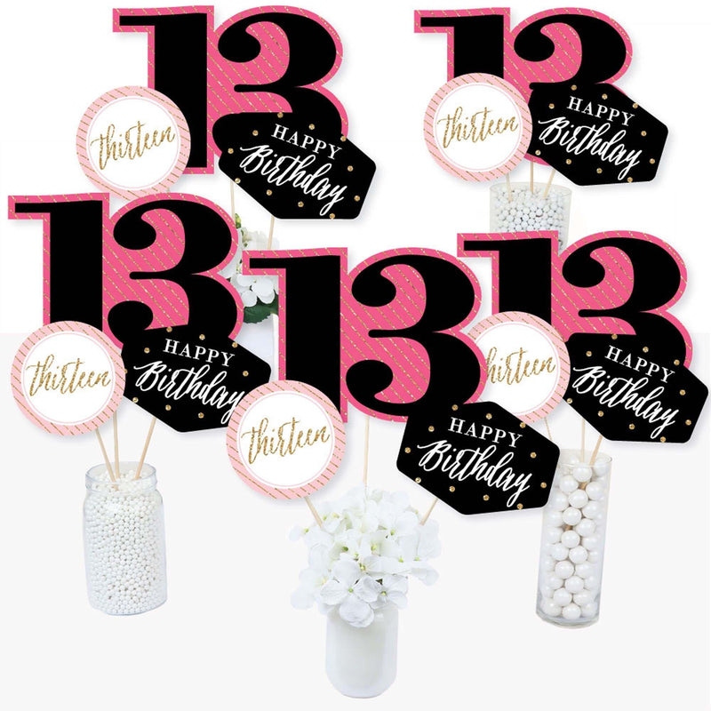 Chic 13th Birthday - Pink, Black and Gold - Birthday Party Centerpiece Sticks - Table Toppers - Set of 15