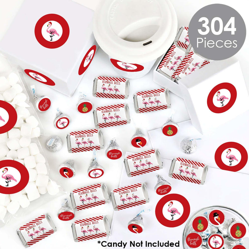 Flamingle Bells - Mini Candy Bar Wrappers, Round Candy Stickers and Circle Stickers - Tropical Christmas Party Candy Favor Sticker Kit - 304 Pieces