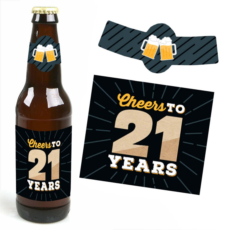 Cheers and Beers to 21 Years - 21st Birthday Party Decorations for Women and Men - 6 Beer Bottle Label Stickers and 1 Carrier