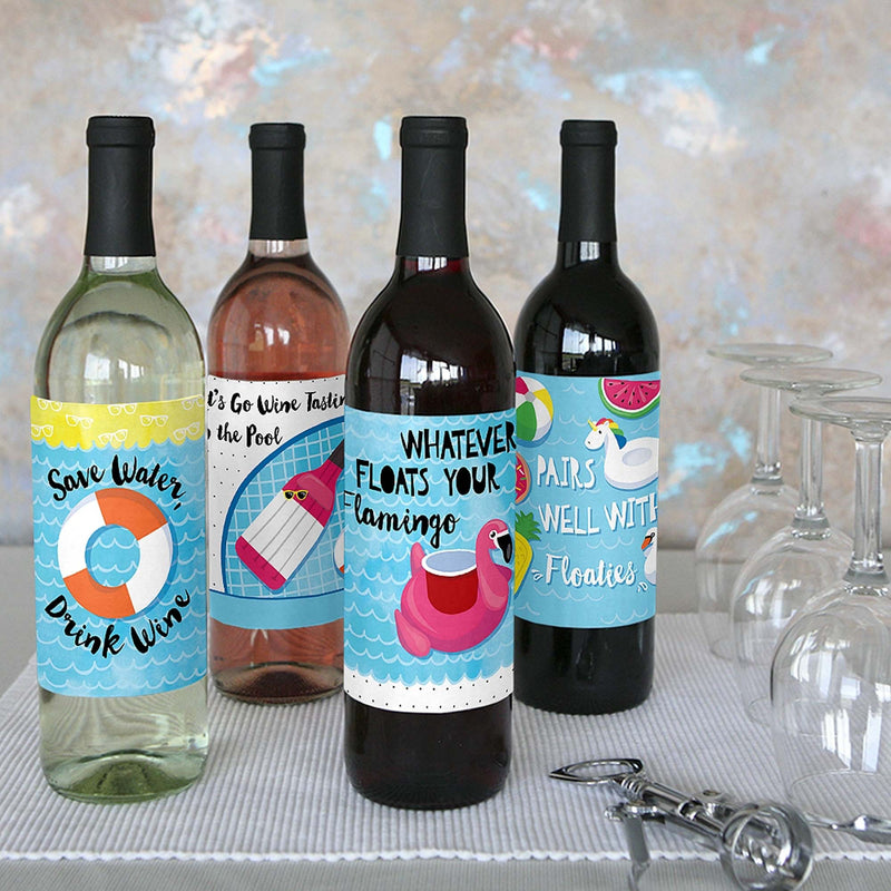 Make A Splash - Pool Party - Summer Swimming Party Decorations for Women and Men - Wine Bottle Label Stickers - Set of 4