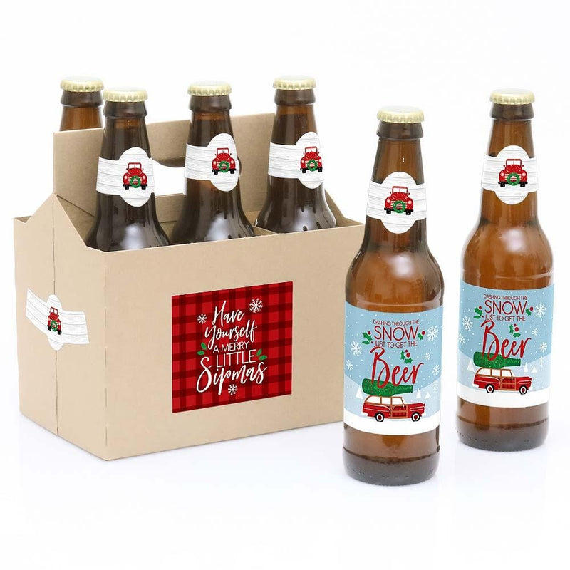 Merry Little Christmas Tree - Decorations for Women and Men - 6 Red Truck and Car Christmas Party Beer Bottle Label Stickers and 1 Carrier