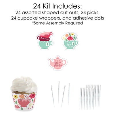 Floral Let's Par-Tea - Cupcake Decoration - Garden Tea Party Cupcake Wrappers and Treat Picks Kit - Set of 24