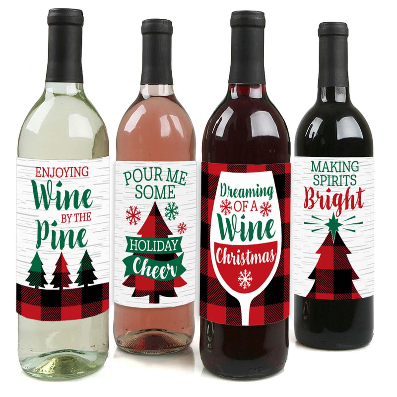 Holiday Plaid Trees - Buffalo Plaid Christmas Party Decorations for Women and Men - Wine Bottle Label Stickers - Set of 4