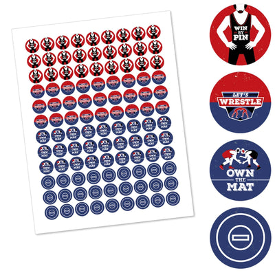 Own The Mat - Wrestling - Birthday Party or Wrestler Party Round Candy Sticker Favors - Labels Fit Hershey's Kisses - 108 ct