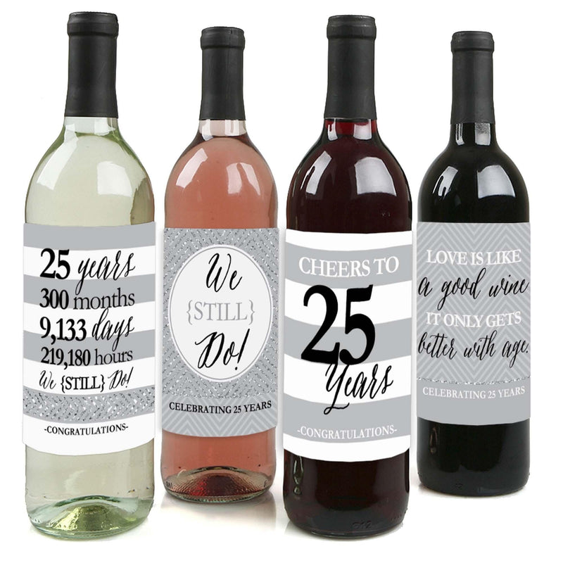 We Still Do - 25th Wedding Anniversary Decorations for Women and Men - Wine Bottle Label Stickers - Set of 4