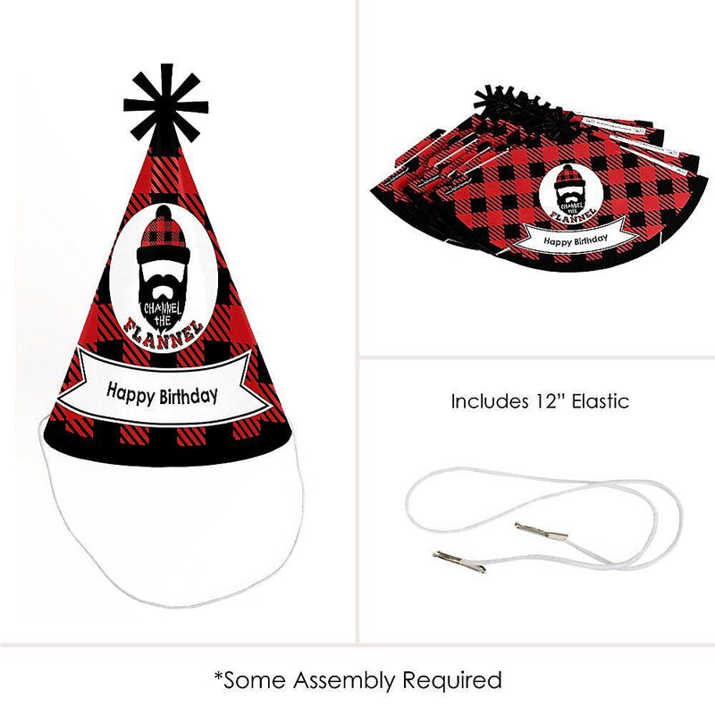 Lumberjack - Channel the Flannel - Cone Buffalo Plaid Birthday Party Hats for Kids and Adults - Set of 8 (Standard Size)