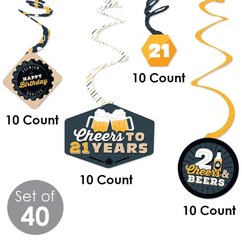 Cheers and Beers to 21 Years - 21st Birthday Party Hanging Decor - Party Decoration Swirls - Set of 40