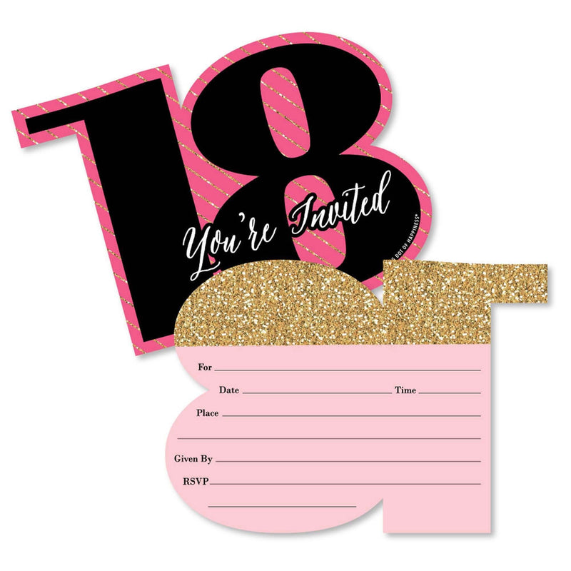 Chic 18th Birthday - Pink, Black and Gold - Shaped Fill-In Invitations - Birthday Party Invitation Cards with Envelopes - Set of 12