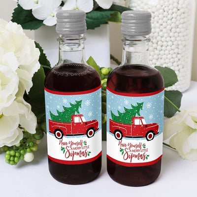 Merry Little Christmas Tree - Mini Wine and Champagne Bottle Label Stickers - Red Truck and Car Christmas Party Favor Gift - For Women and Men - Set of 16