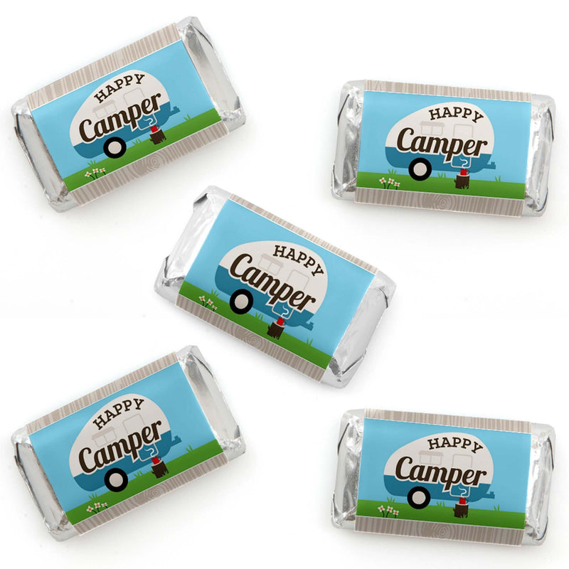 Happy Camper - Mini Candy Bar Wrapper Stickers - Camping Baby Shower or Birthday Party Small Favors - 40 Count