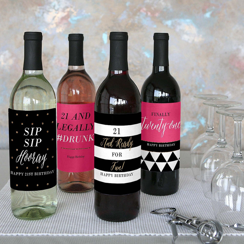 Finally 21 - Girl - Decorations for Women - Wine Bottle Labels Birthday Gift - Set of 4