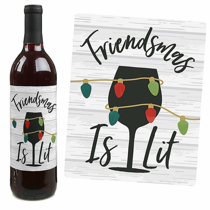 Rustic Merry Friendsmas - Friends Christmas Party Decorations for Women and Men - Wine Bottle Label Stickers - Set of 4