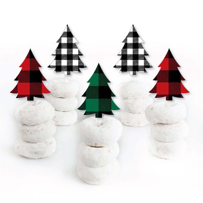 Holiday Plaid Trees - Dessert Cupcake Toppers - Buffalo Plaid Christmas Party Clear Treat Picks - Set of 24