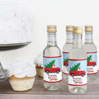 Merry Little Christmas Tree - Mini Wine and Champagne Bottle Label Stickers - Red Truck and Car Christmas Party Favor Gift - For Women and Men - Set of 16