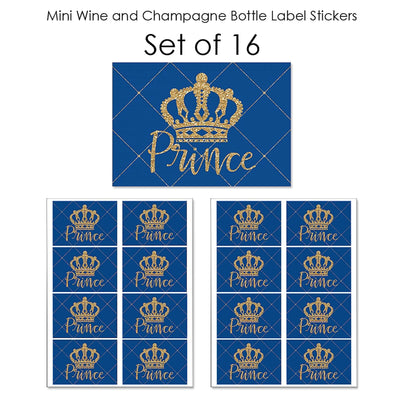 Royal Prince Charming - Mini Wine and Champagne Bottle Label Stickers - Baby Shower or Birthday Party Favor Gift for Women and Men - Set of 16