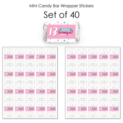 Girl 13th Birthday - Mini Candy Bar Wrapper Stickers - Official Teenager Birthday Party Small Favors - 40 Count