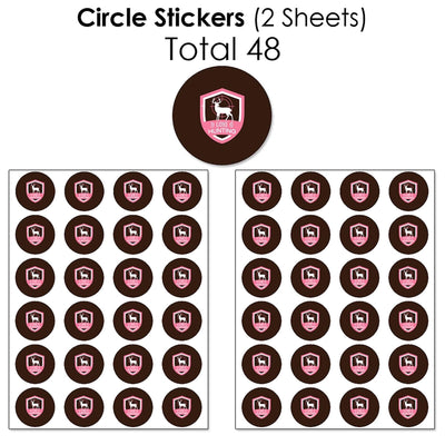 Pink Gone Hunting - Mini Candy Bar Wrappers, Round Candy Stickers and Circle Stickers - Deer Hunting Girl Camo Baby Shower or Birthday Party Candy