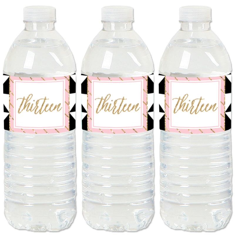 Chic 13th Birthday - Pink, Black and Gold - Birthday Party Water Bottle Sticker Labels - Set of 20