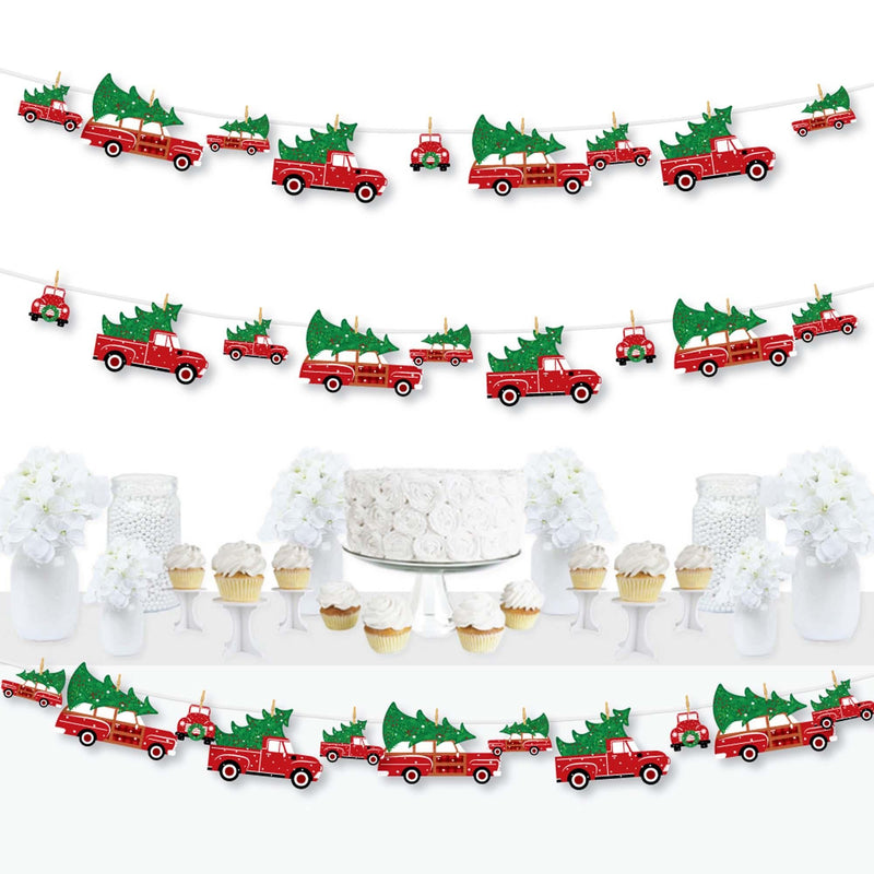 Merry Little Christmas Tree - Red Truck and Car Christmas Party DIY Decorations - Clothespin Garland Banner - 44 Pieces