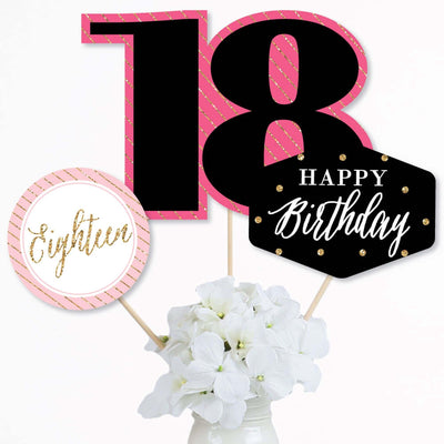 Chic 18th Birthday - Pink, Black and Gold - Birthday Party Centerpiece Sticks - Table Toppers - Set of 15