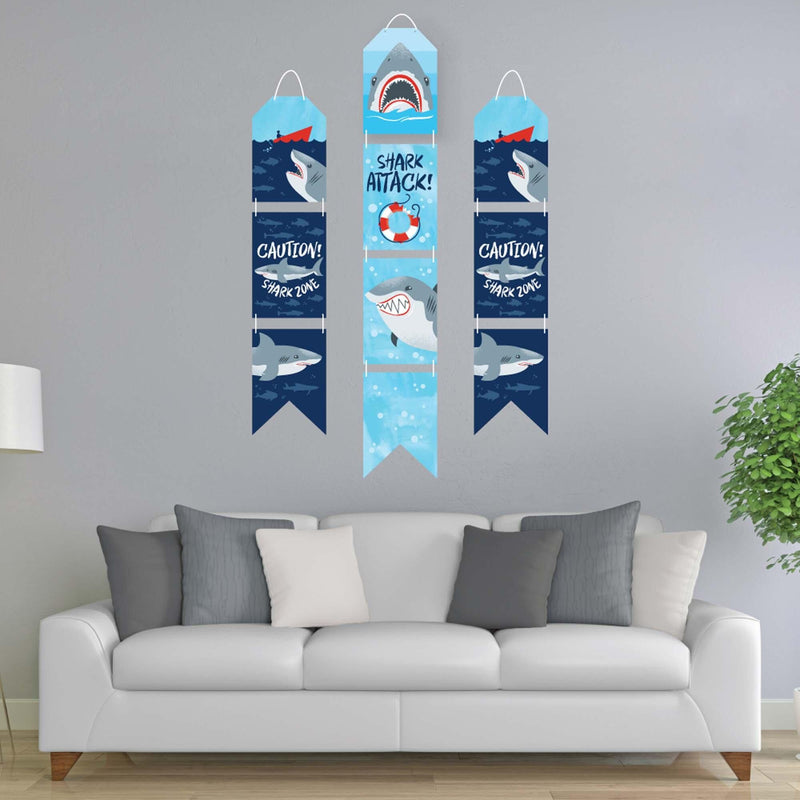 Shark Zone - Hanging Vertical Paper Door Banners - Jawsome Shark Party or Birthday Party Wall Decoration Kit - Indoor Door Decor