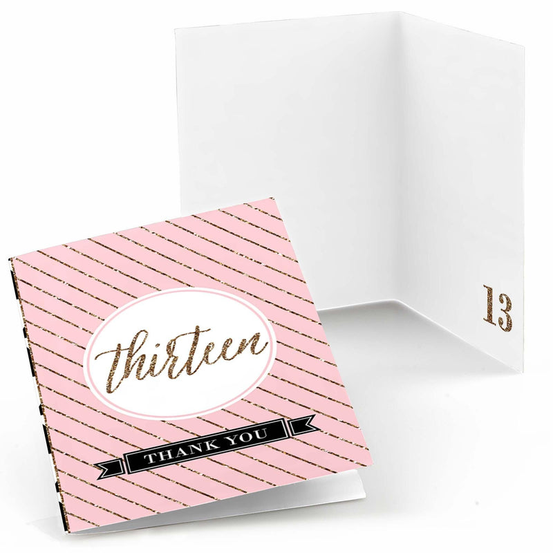 Chic 13th Birthday - Pink, Black and Gold - Birthday Party Thank You Cards - 8 ct