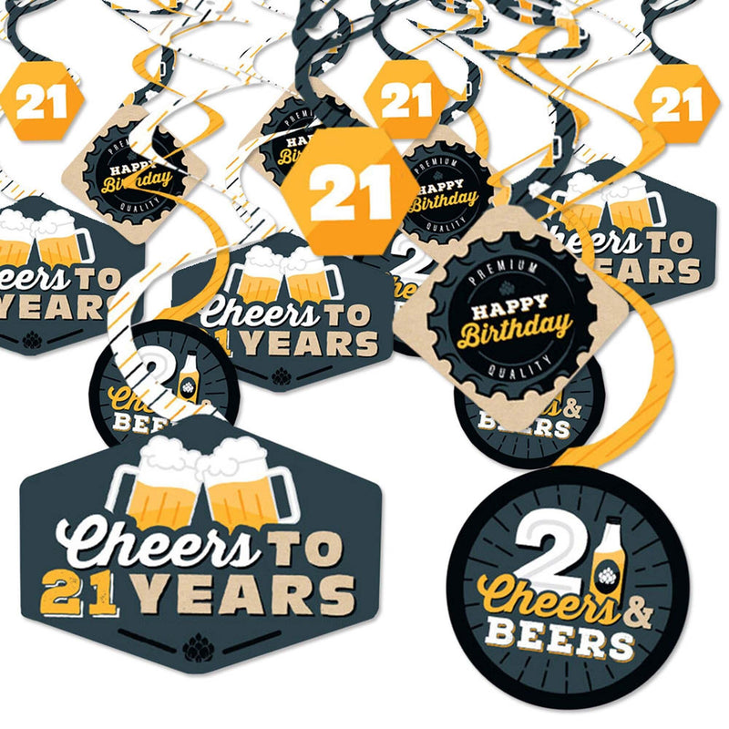 Cheers and Beers to 21 Years - 21st Birthday Party Hanging Decor - Party Decoration Swirls - Set of 40