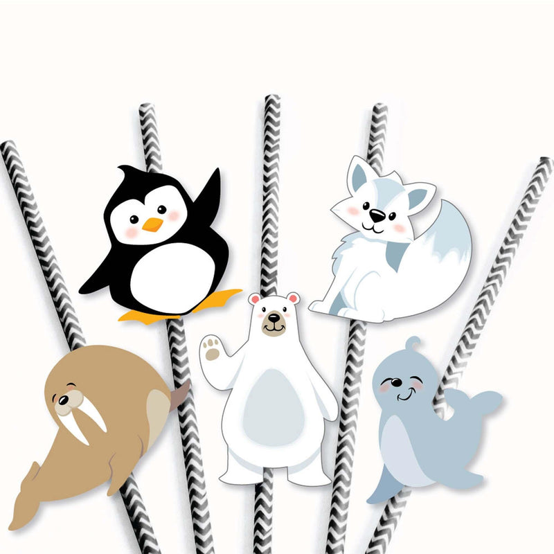 Big Dot of Happiness Arctic Polar Animals - Paper Straw Decor - Winter Baby  Shower or Birthday Party Striped Decorative Straws - Set of 24