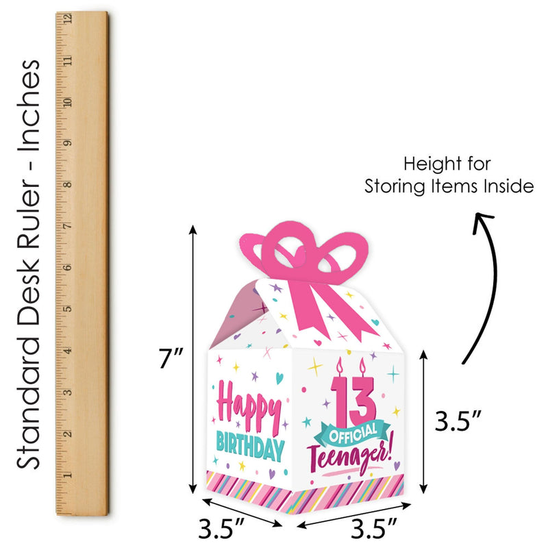 Girl 13th Birthday - Square Favor Gift Boxes - Official Teenager Birthday Party Bow Boxes - Set of 12