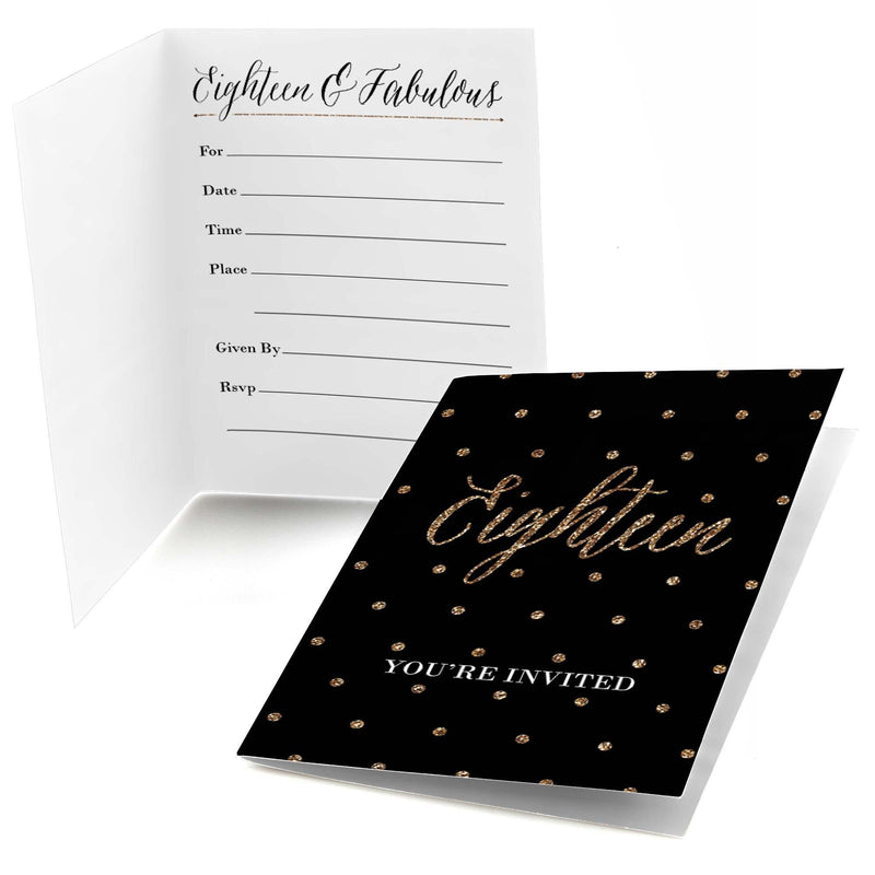 Chic 18th Birthday - Black and Gold - Birthday Party Fill In Invitations - 8 ct