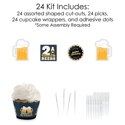 Cheers and Beers to 21 Years - Cupcake Decoration - 21st Birthday Party Cupcake Wrappers and Treat Picks Kit - Set of 24