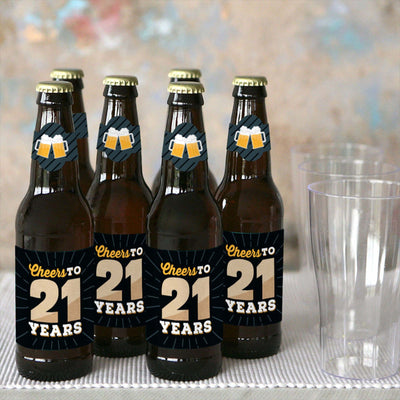 Cheers and Beers to 21 Years - 21st Birthday Party Decorations for Women and Men - 6 Beer Bottle Label Stickers and 1 Carrier